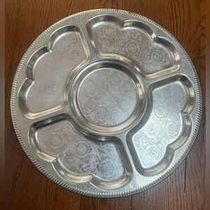 Vintage Etched Aluminum Relish Tray 16” Floral Divided Serving Platter MCM